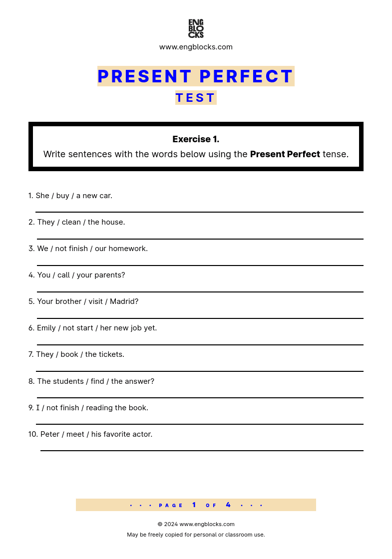 Grammar Test Worksheet: Present Perfect Test PDF