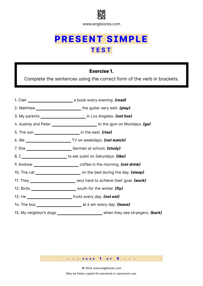 Grammar Test Worksheet: Present Simple Test Worksheet