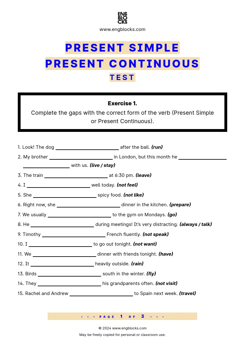 Grammar Test Worksheet: Present Simple vs. Present Continuous Test PDF