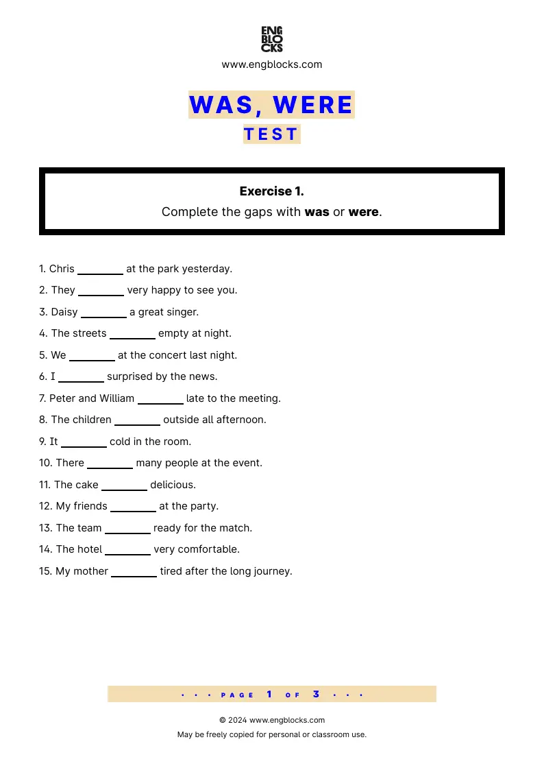 Grammar Test Worksheet: Was, Were Test Worksheet