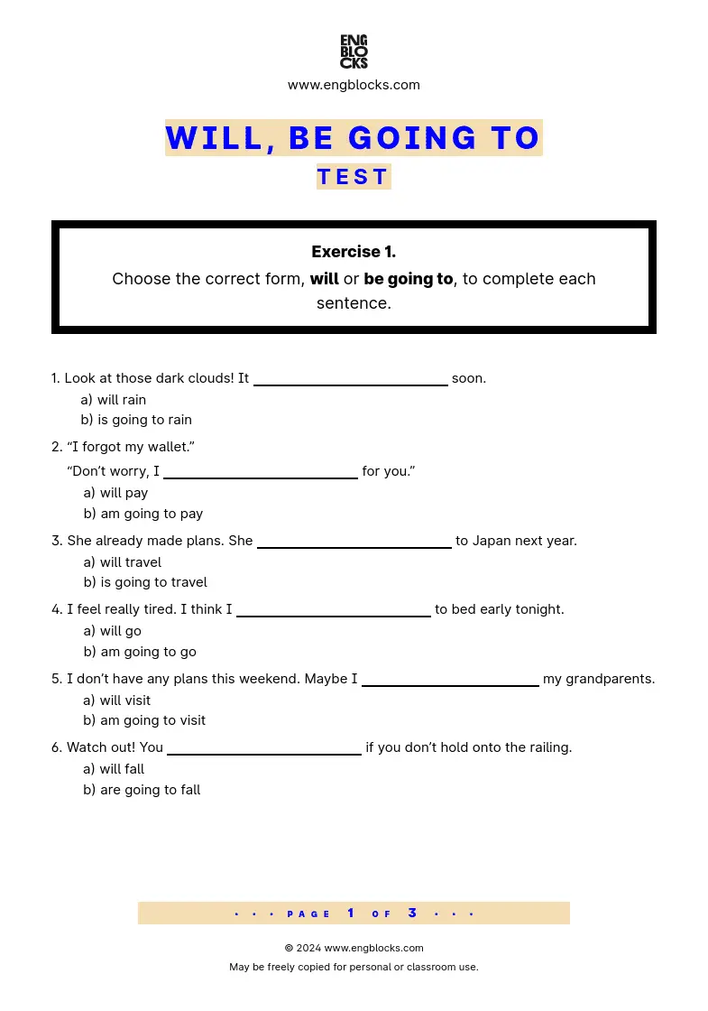 Grammar Test Worksheet: Will, Be going to Test PDF