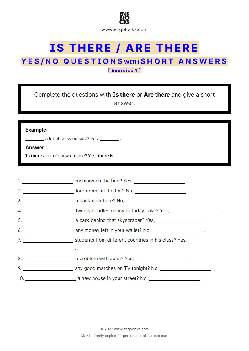 Grammar Worksheet: Is there/‌Are there — Questions and Short answers