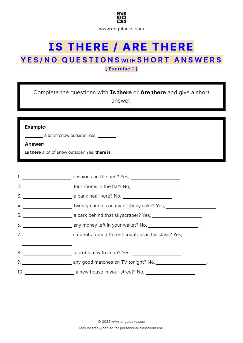 Grammar Worksheet: Is there/‌Are there — Questions and Short answers