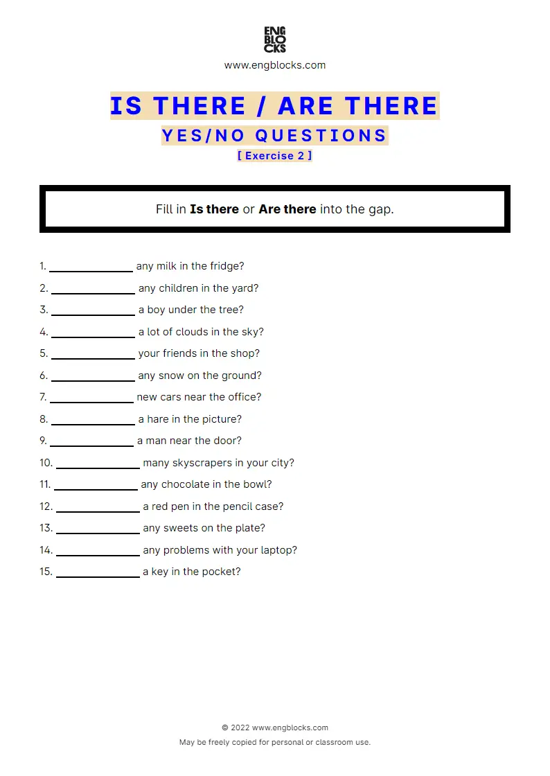 Grammar Worksheet: Is there/‌Are there — Yes/‌No question — Exercise 2