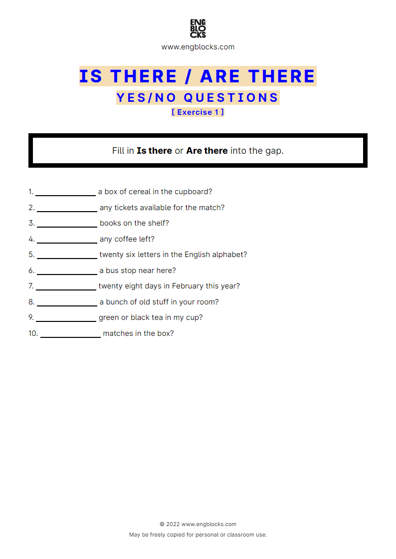 Grammar Worksheet: Is there/‌Are there — Yes/‌No question