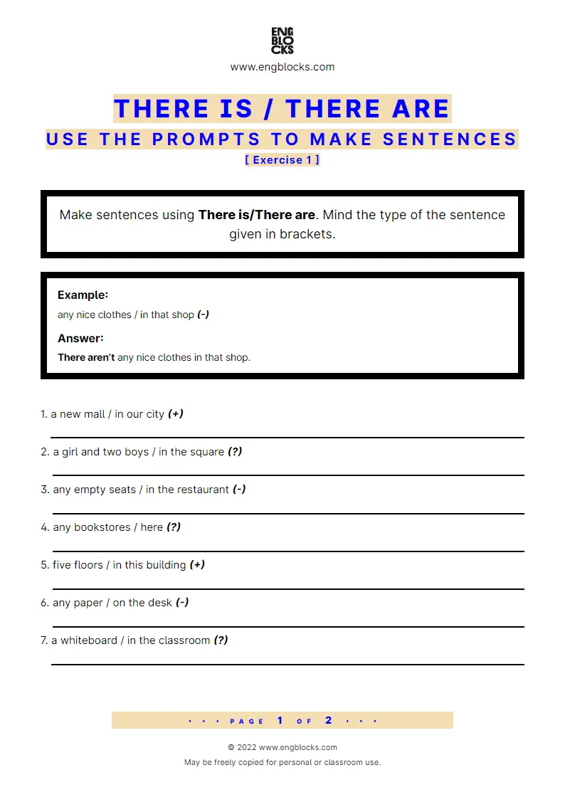Grammar Worksheet: Sentence formation with There is/‌There are