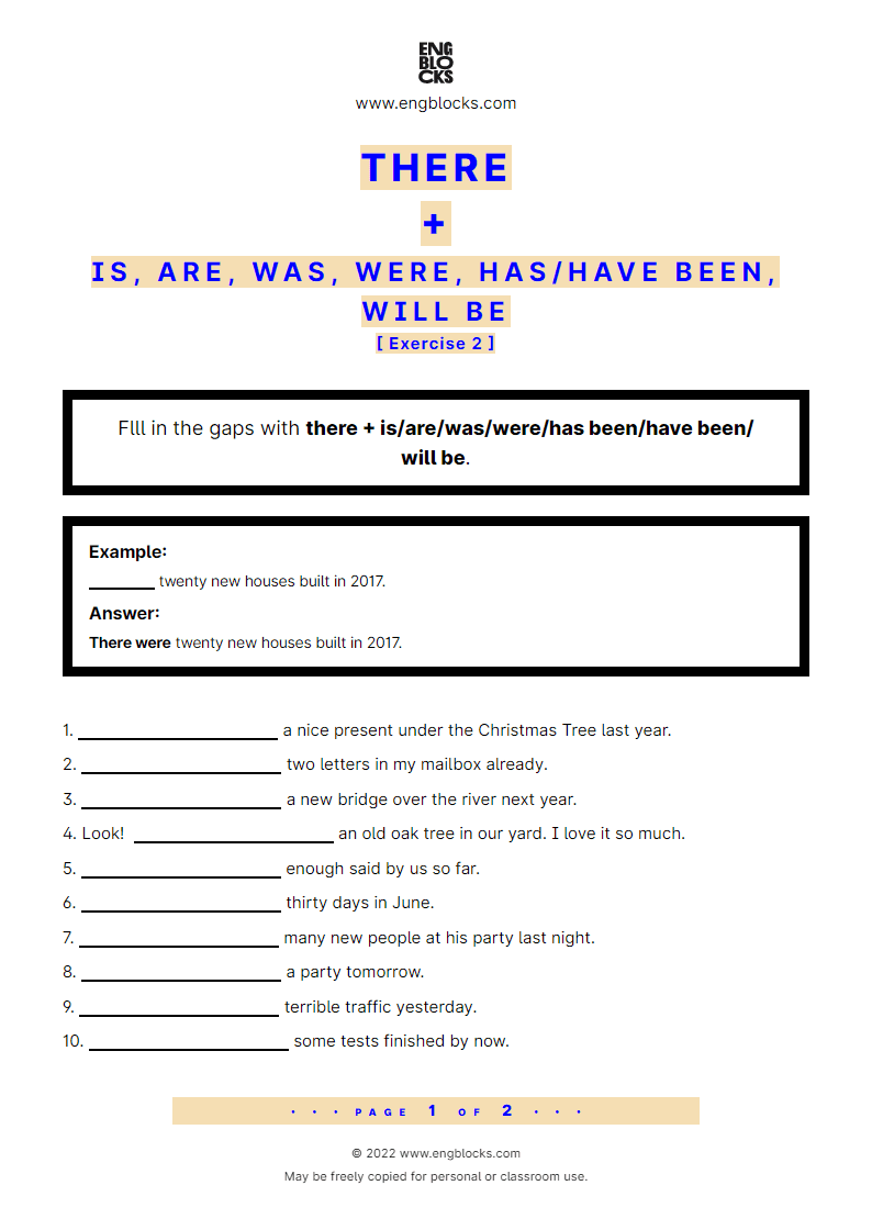 Grammar Worksheet: There + is/‌are/‌was/‌were/‌has been/‌have been/‌will be — Exercise 2