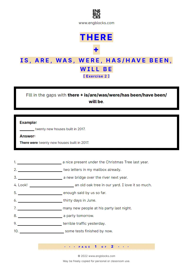 Grammar Worksheet: There + is/‌are/‌was/‌were/‌has been/‌have been/‌will be — Exercise 2