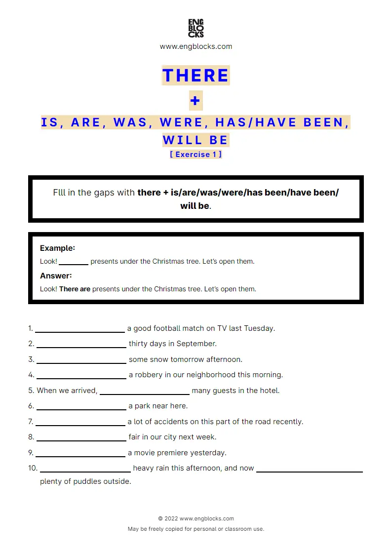 Grammar Worksheet: There + is/‌are/‌was/‌were/‌has been/‌have been/‌will be