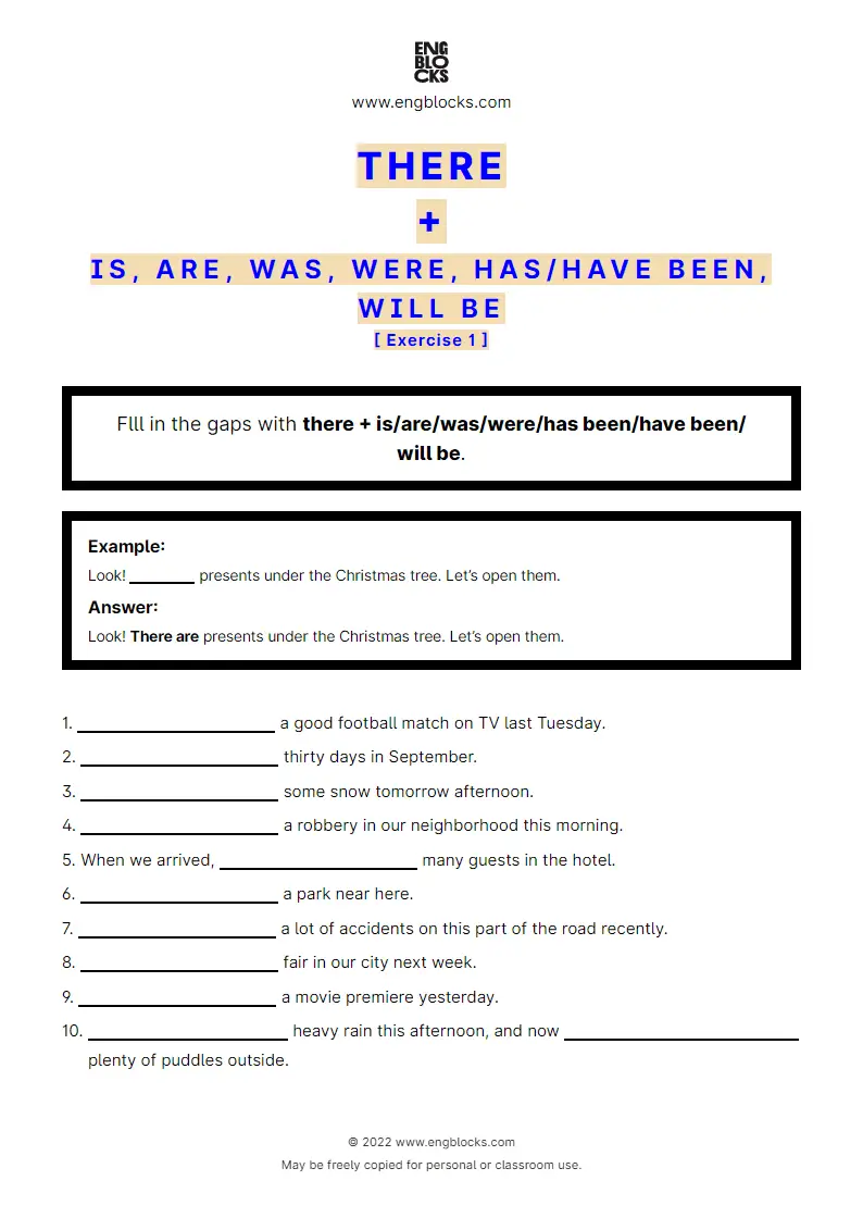 Grammar Worksheet: There + is/‌are/‌was/‌were/‌has been/‌have been/‌will be