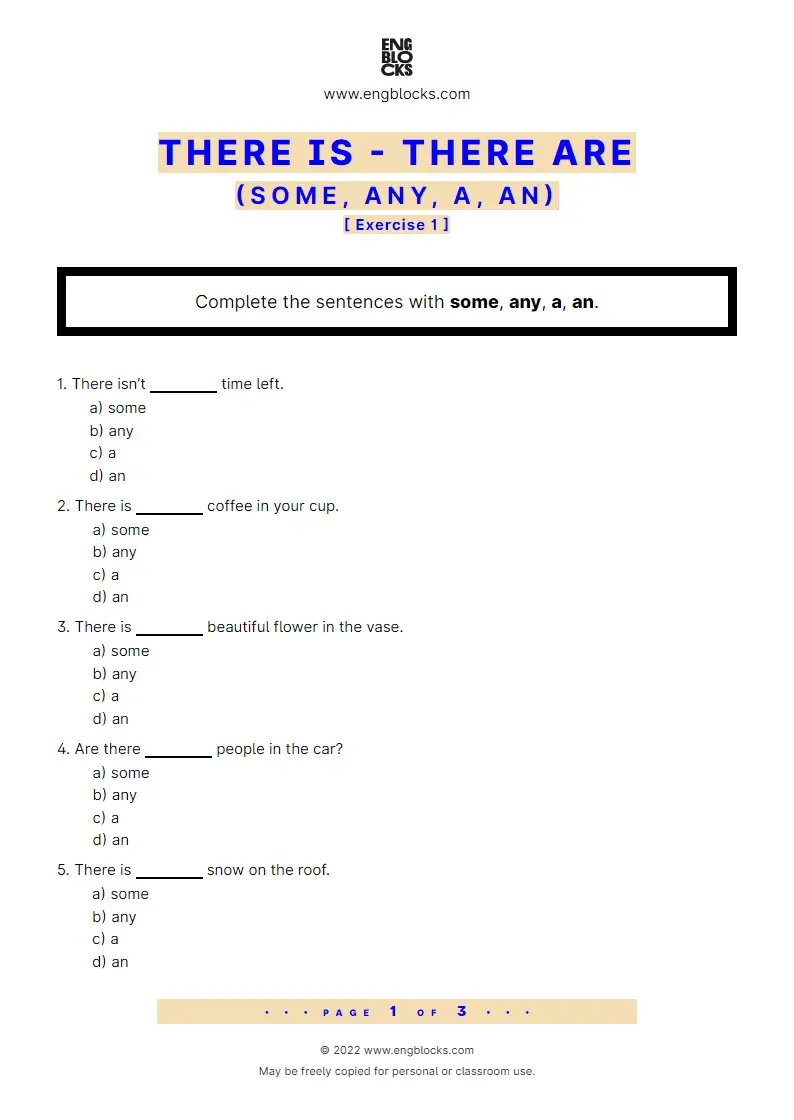 Grammar Worksheet: There is, There are + a, an, some, any — Exercise 1