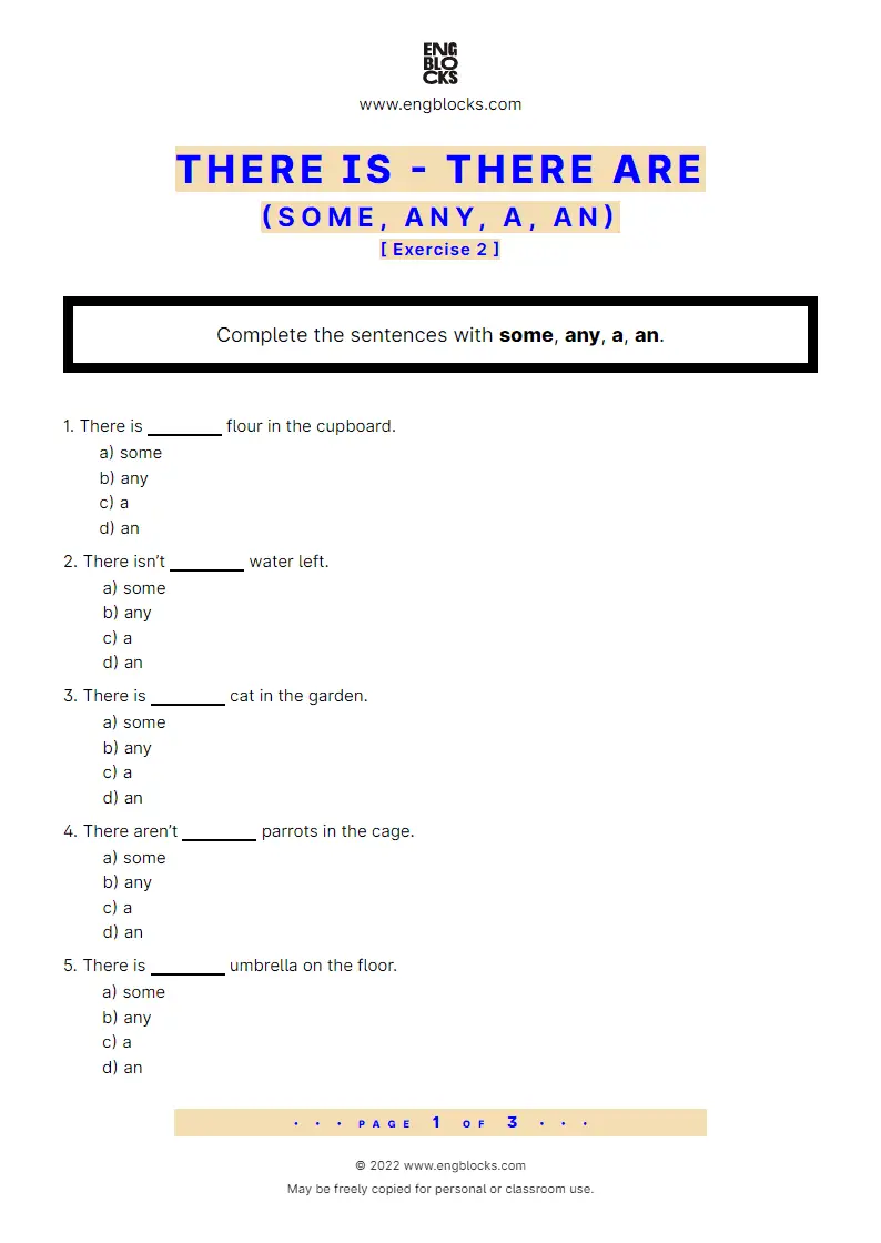 Grammar Worksheet: There is, There are + a, an, some, any — Exercise 2