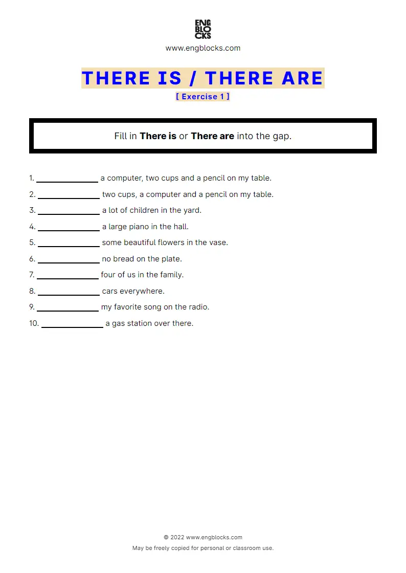 Grammar Worksheet: There is/‌There are — Positive sentence — Exercise 1