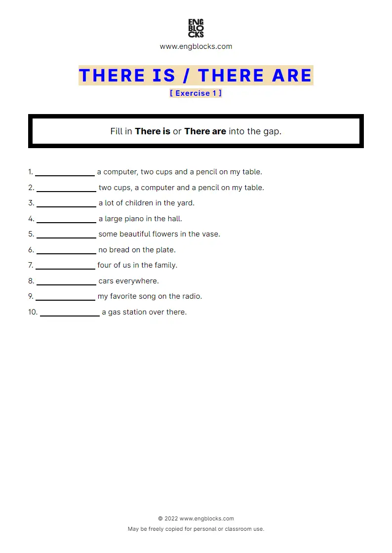 Grammar Worksheet: There is/‌There are — Positive sentence — Exercise 1