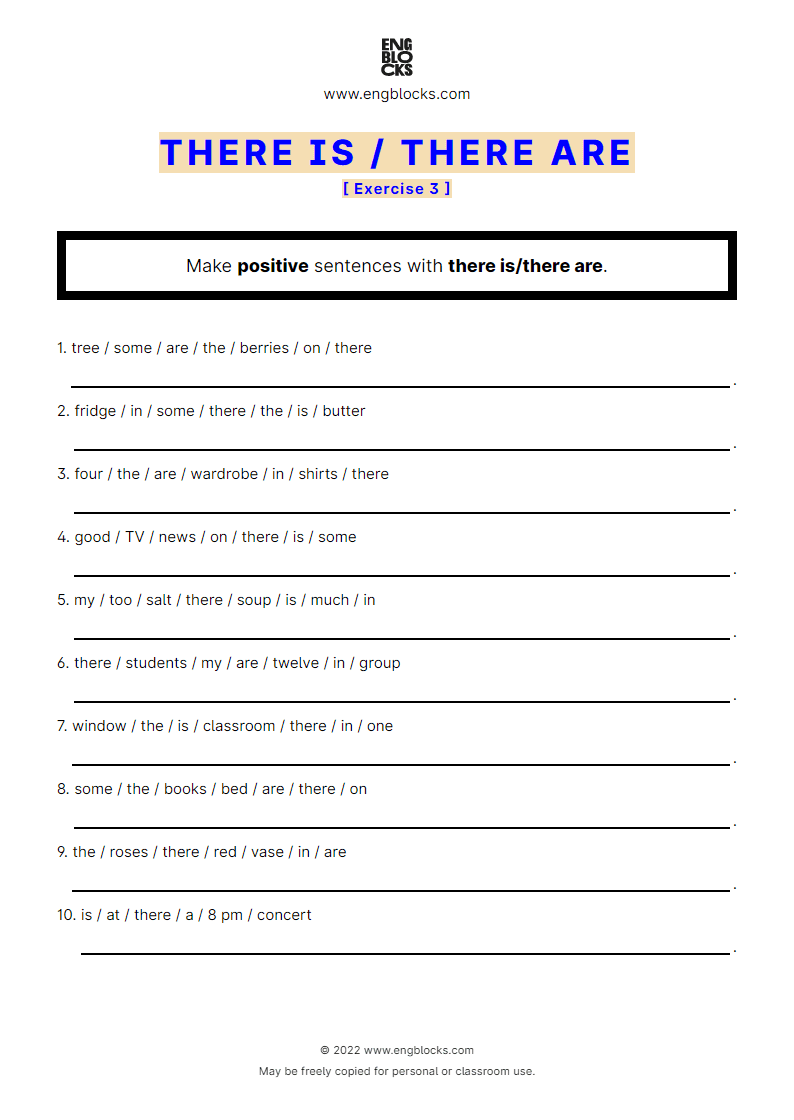 Grammar Worksheet: There is/‌There are — Positive sentence — Exercise 3