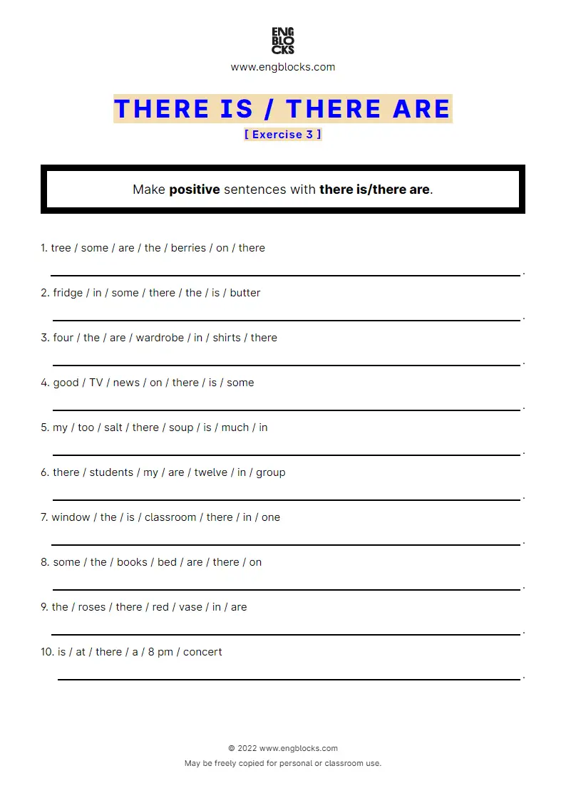 Grammar Worksheet: There is/‌There are — Positive sentence — Exercise 3