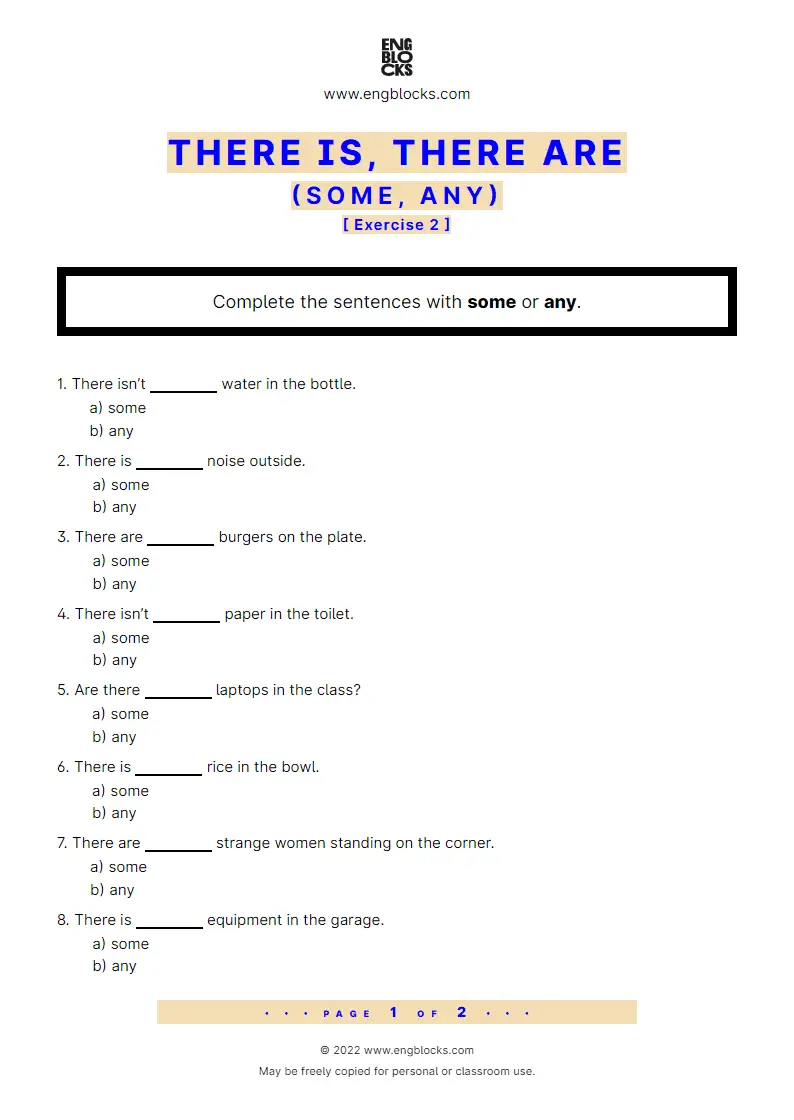 Grammar Worksheet: There is, There are + some, any — Exercise 2