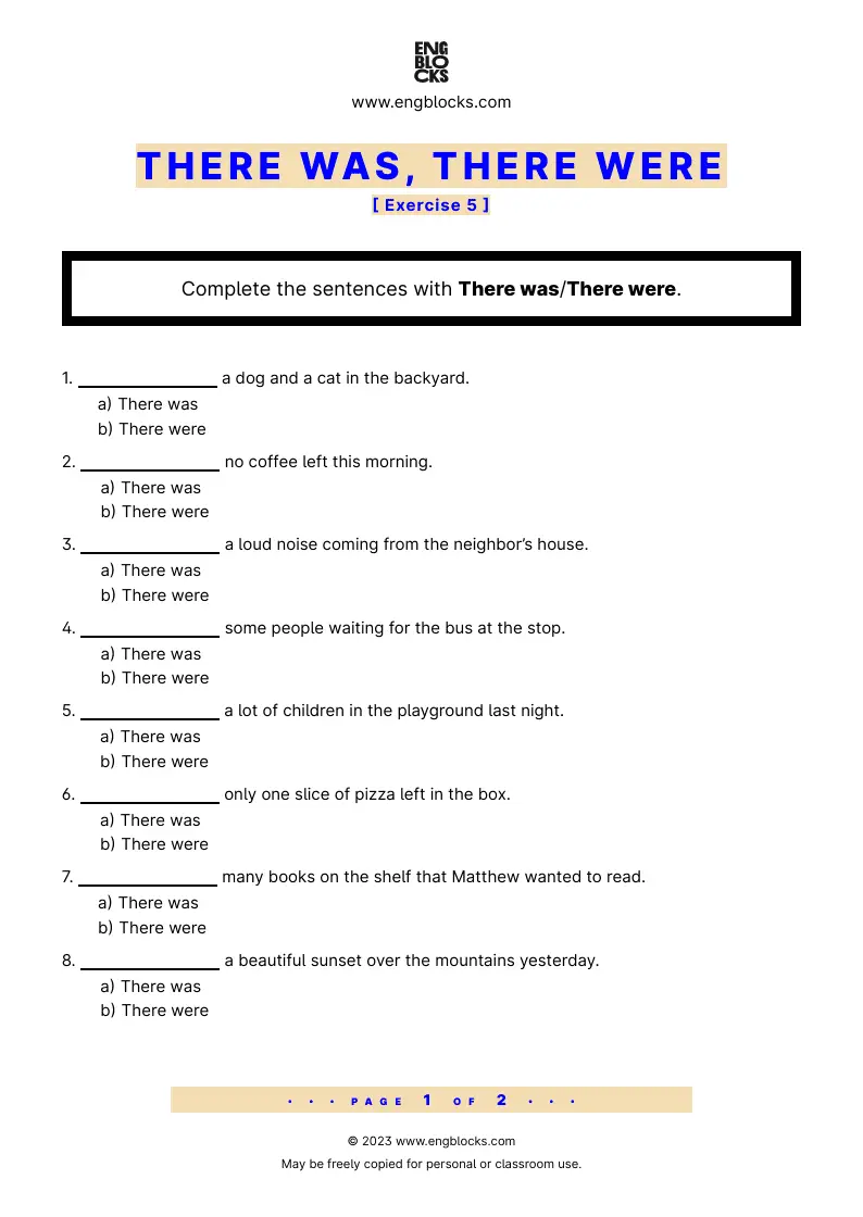 Grammar Worksheet: There was, There were — Exercise 5