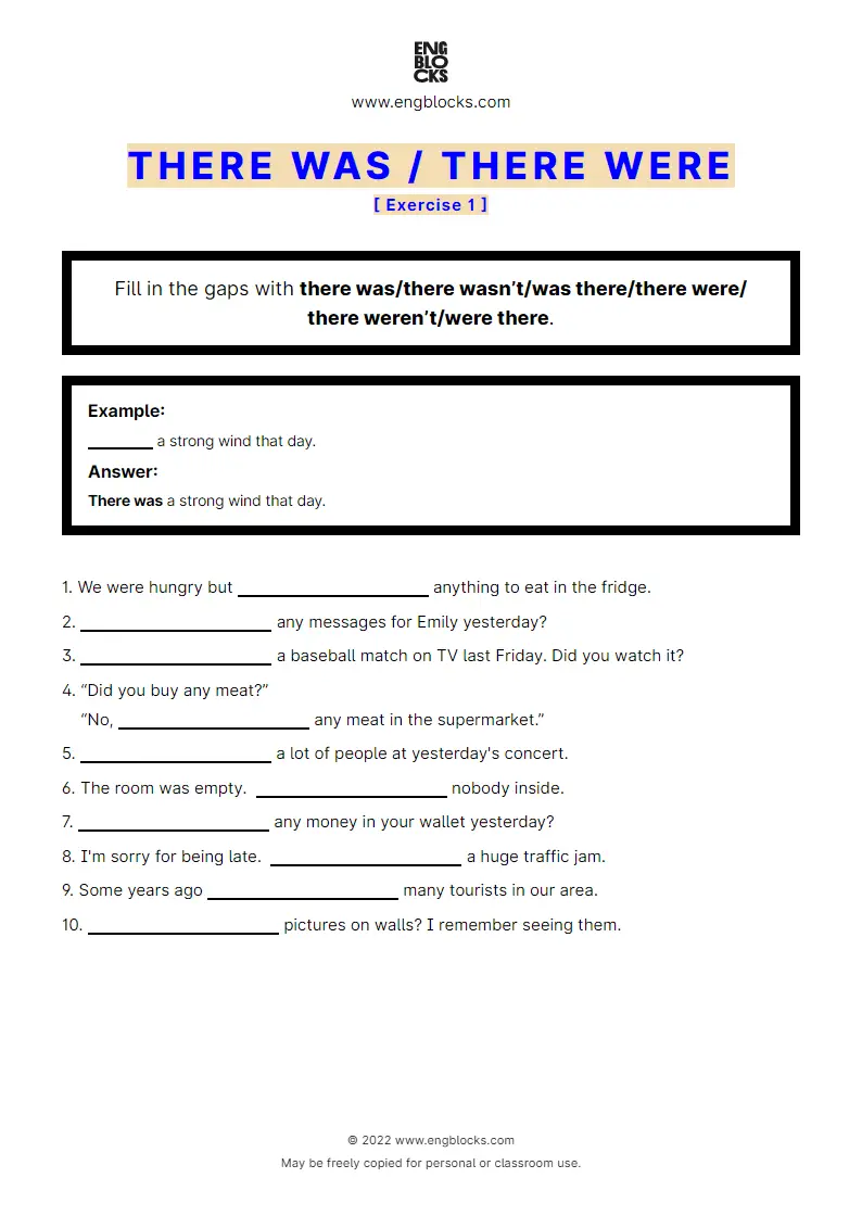 Grammar Worksheet: There was/‌There were — Positive, negative and question