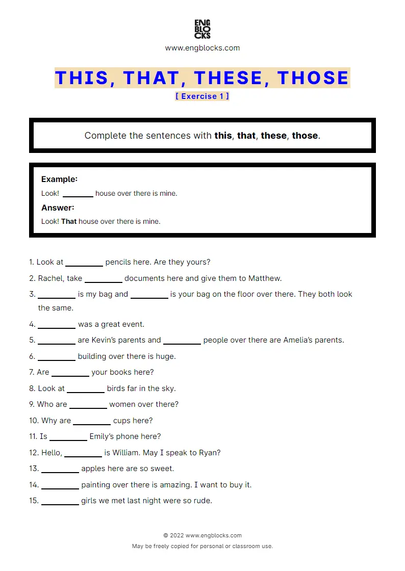 Grammar Worksheet: This, that, these, those — Exercise 1