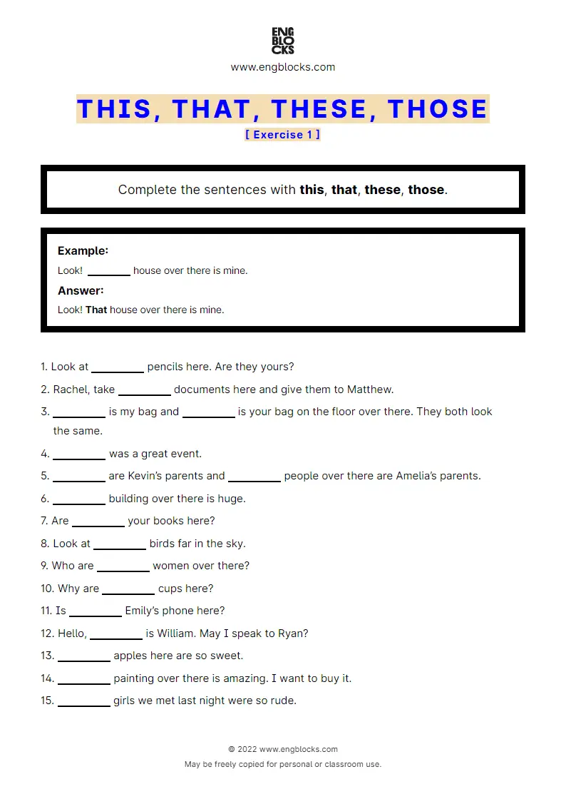 Grammar Worksheet: This, that, these, those — Exercise 1