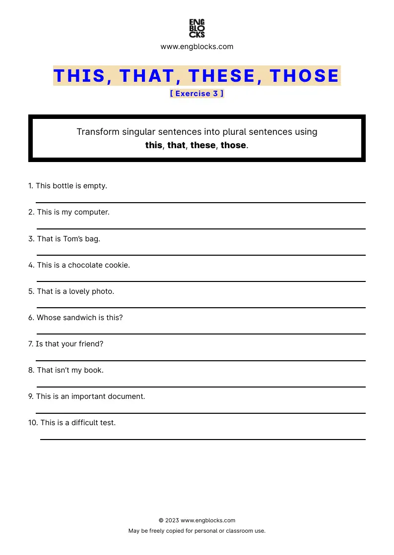 Grammar Worksheet: This, that, these, those — Exercise 3