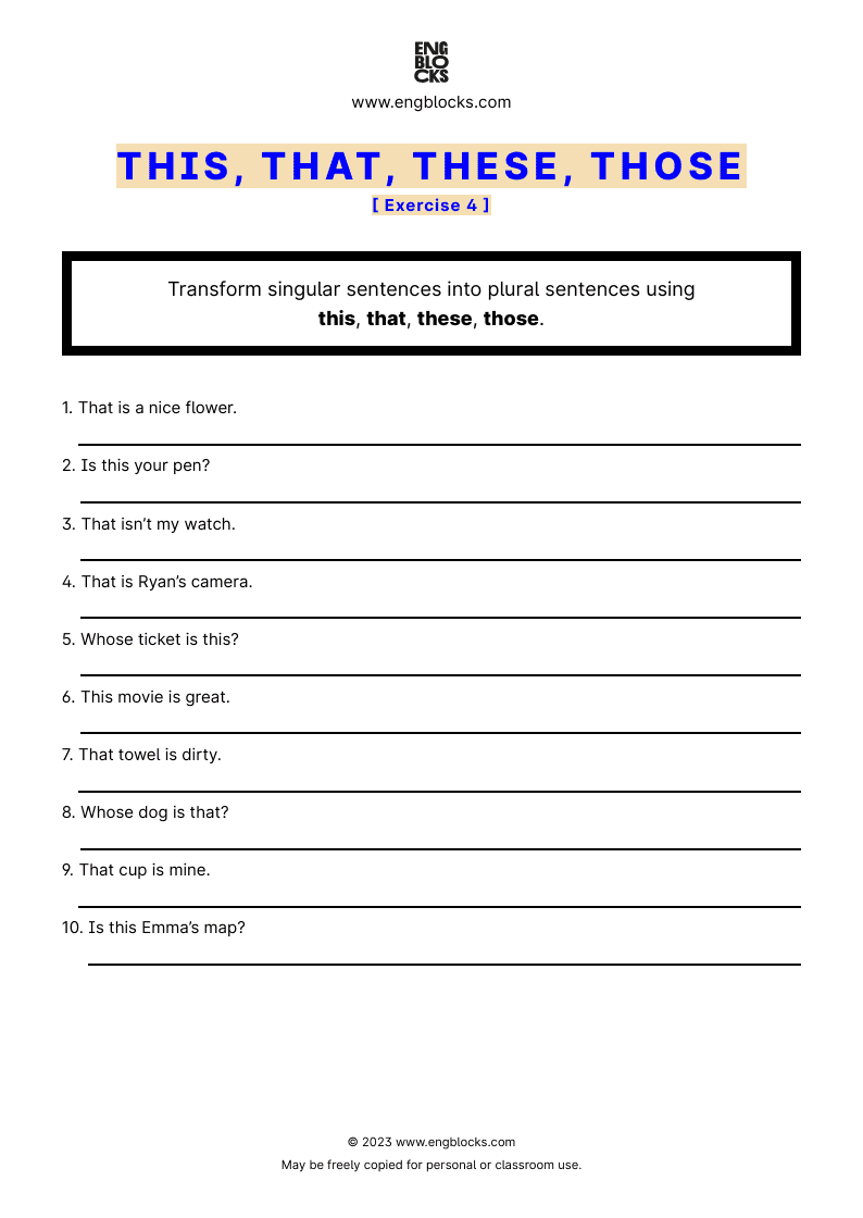 Grammar Worksheet: This, that, these, those — Exercise 4