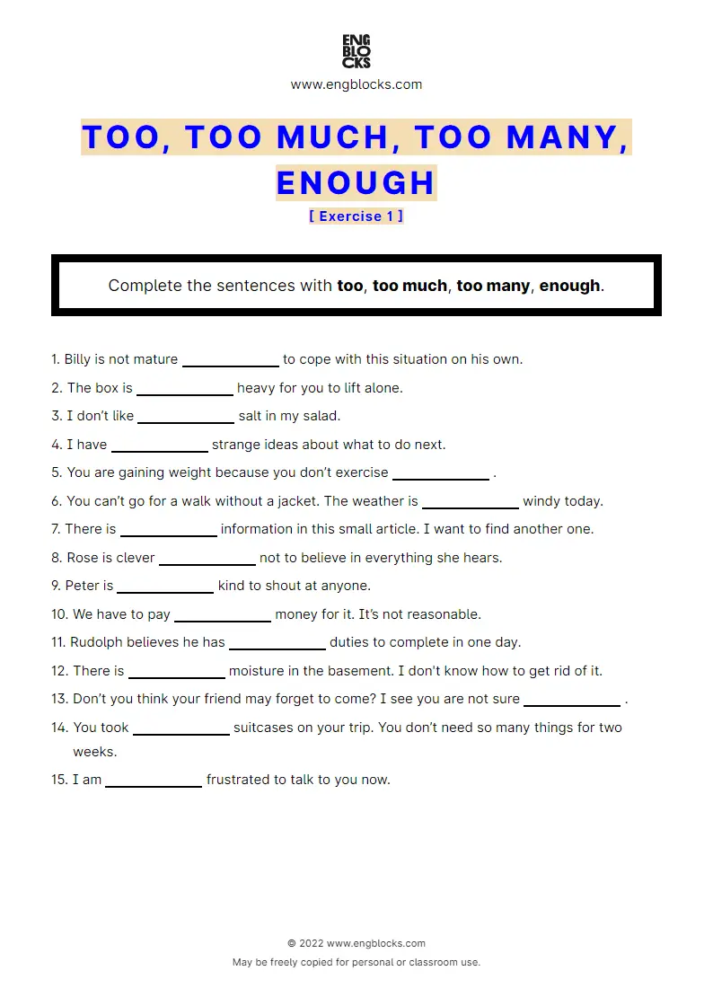 Grammar Worksheet: too, too much, too many, enough — Exercise 1