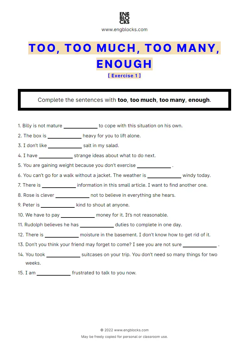 Grammar Worksheet: too, too much, too many, enough — Exercise 1