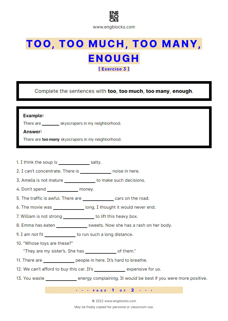 Grammar Worksheet: too, too much, too many, enough — Exercise 3