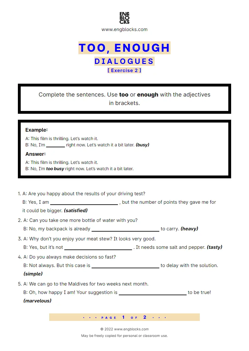 Grammar Worksheet: too vs. enough — Dialogues — Exercise 2