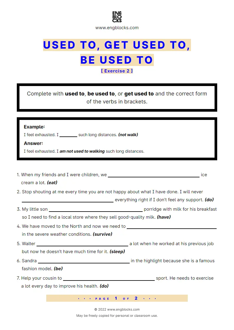 Grammar Worksheet: Used to, Get used to, Be used to — Exercise 2