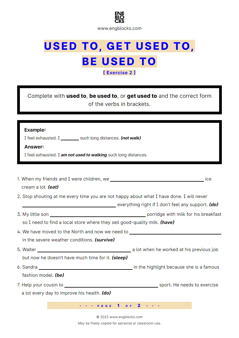 Grammar Worksheet: Used to, Get used to, Be used to — Exercise 2