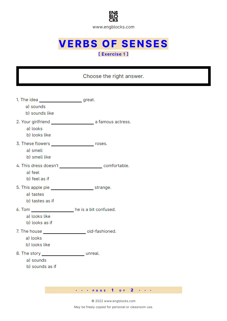 Grammar Worksheet: Verbs of Senses — Exercise 1