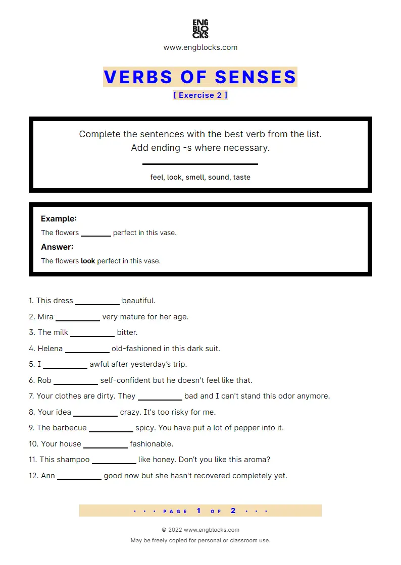 Grammar Worksheet: Verbs of Senses — Exercise 2