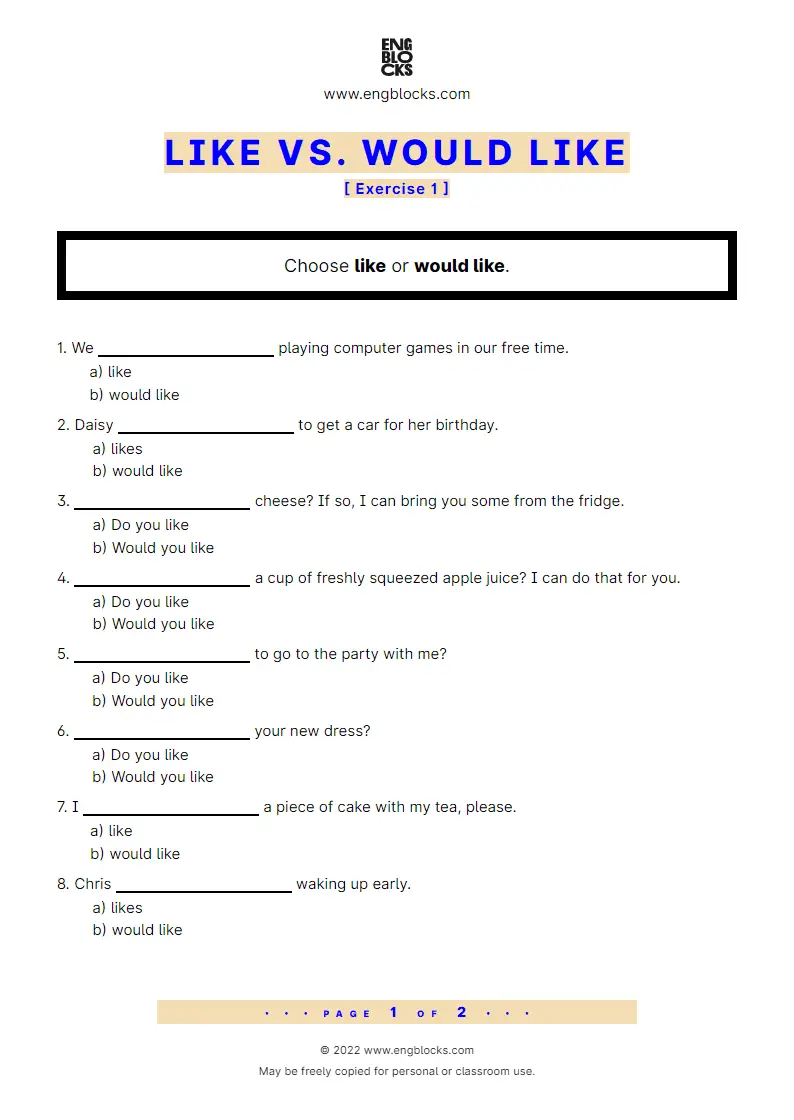 Grammar Worksheet: Like vs. Would like — Exercise 1