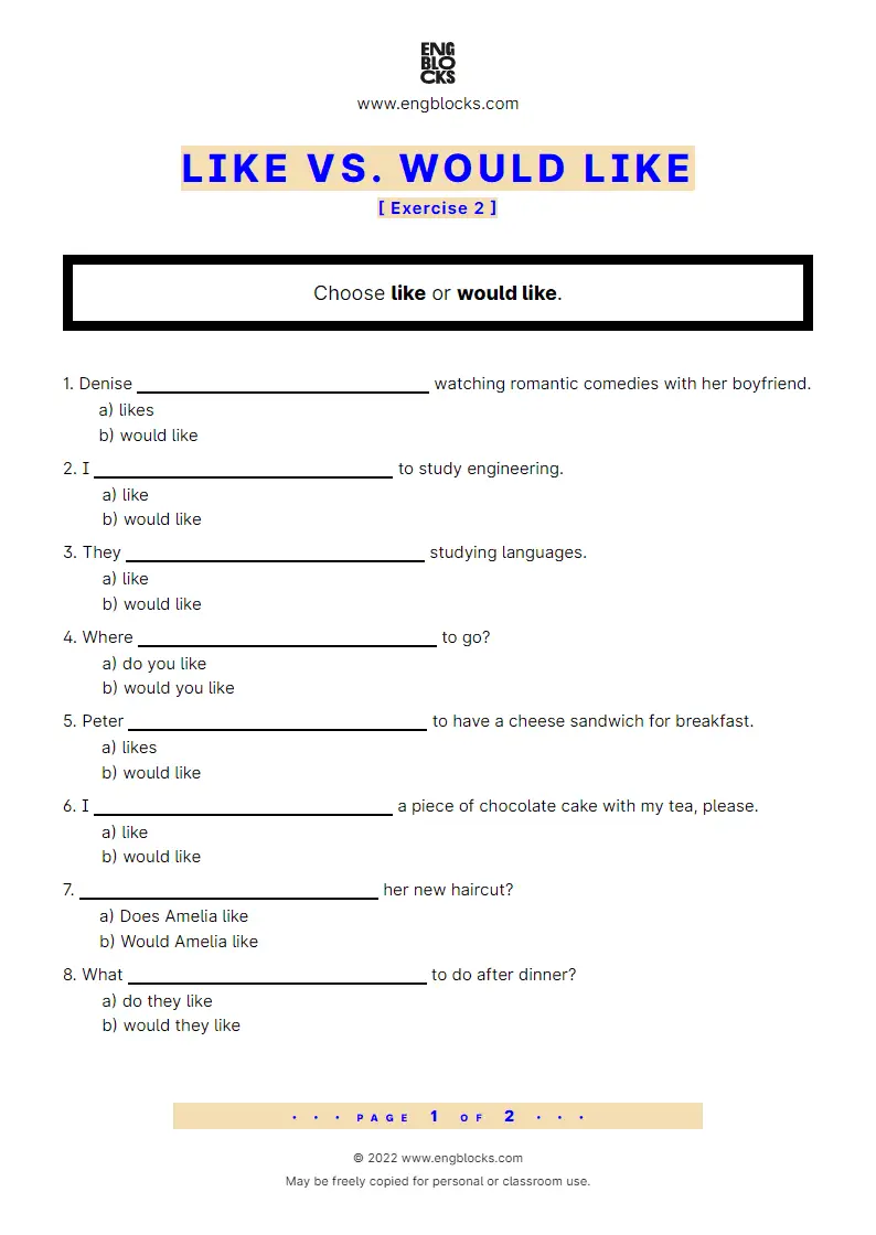 Grammar Worksheet: Like vs. Would like — Exercise 2