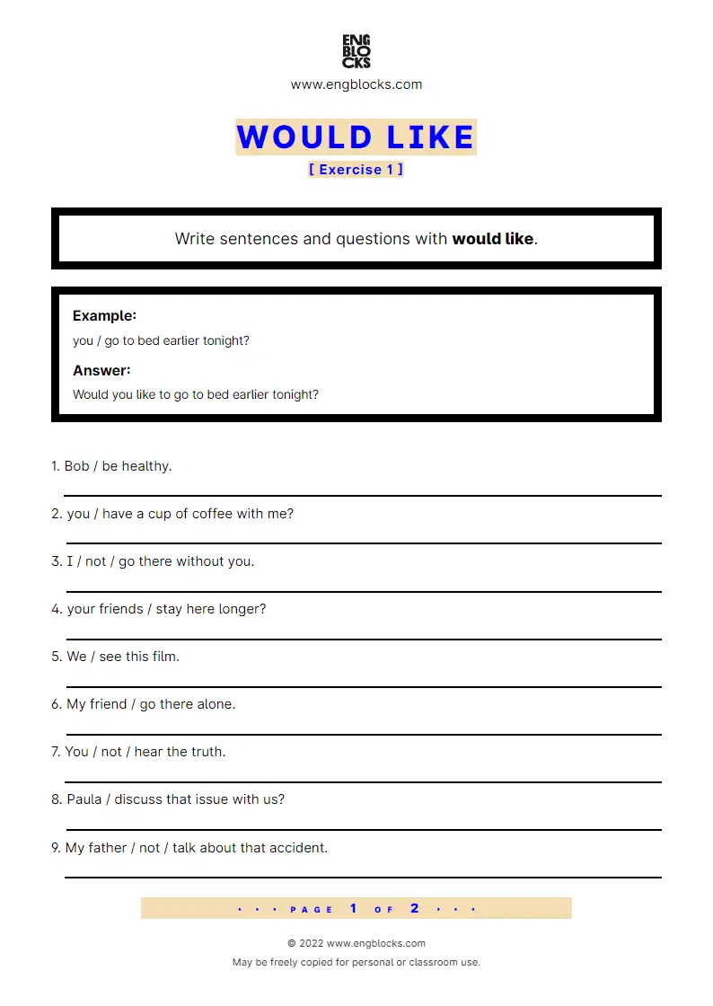 Grammar Worksheet: Would like — Exercise 1