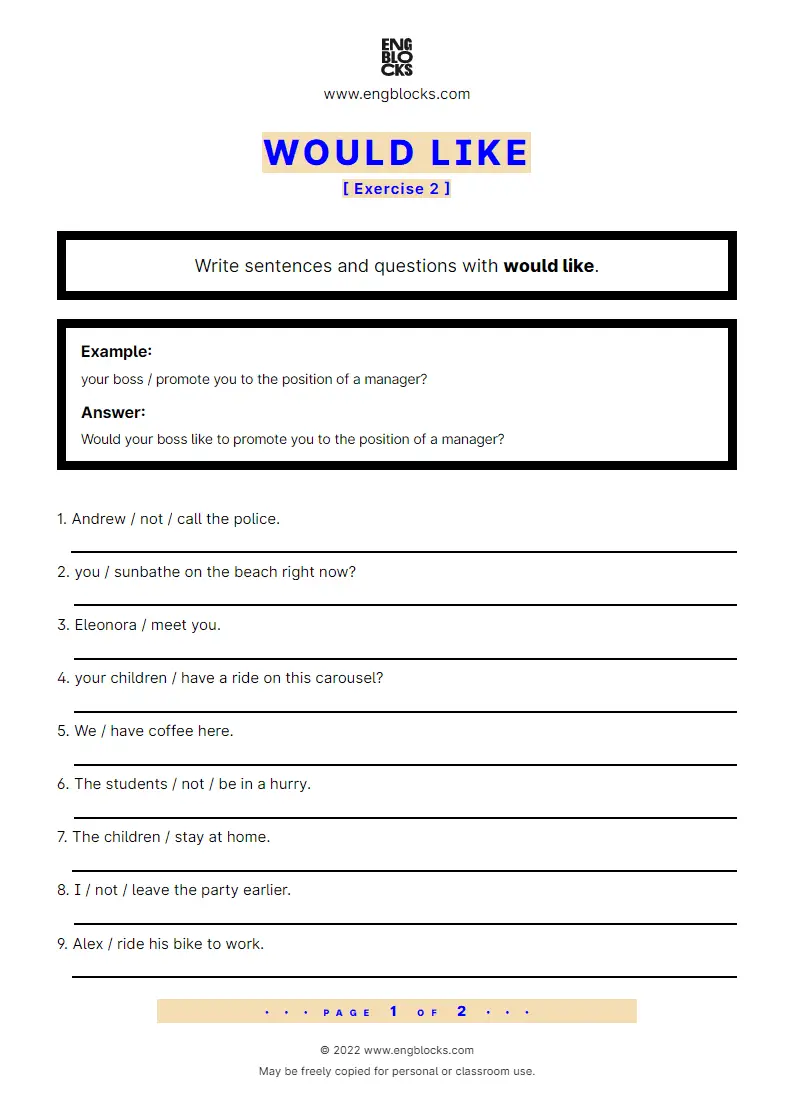 Grammar Worksheet: Would like — Exercise 2
