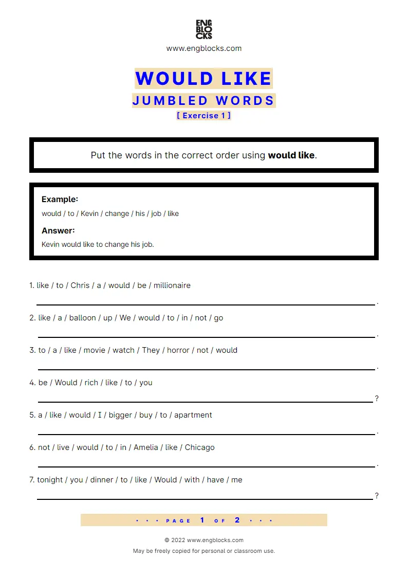 Grammar Worksheet: Would like — Jumbled words — Exercise 1