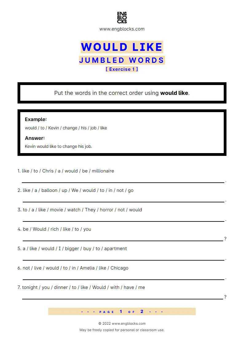 Grammar Worksheet: Would like — Jumbled words — Exercise 1