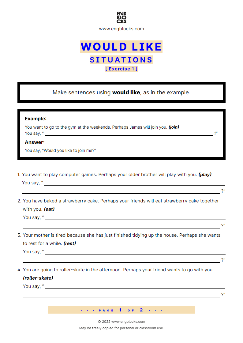 Grammar Worksheet: Would like — Situations