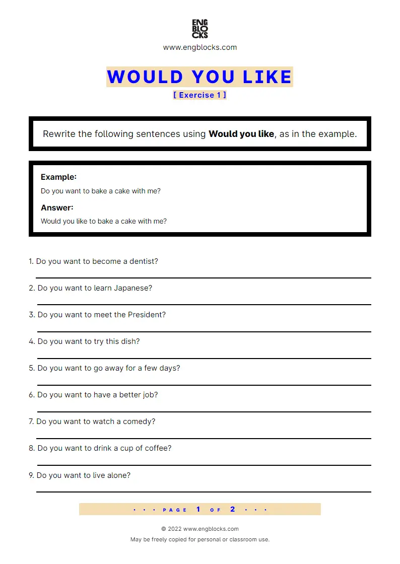 Grammar Worksheet: Would you like — Exercise 1
