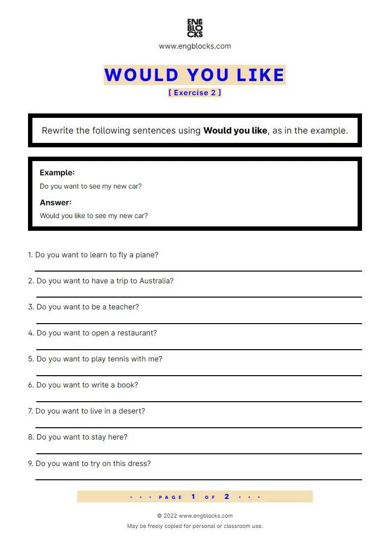 Grammar Worksheet: Would you like — Exercise 2
