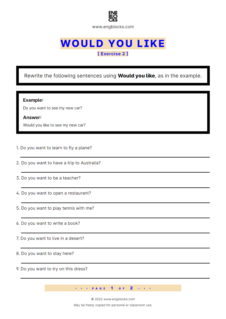 Grammar Worksheet: Would you like — Exercise 2