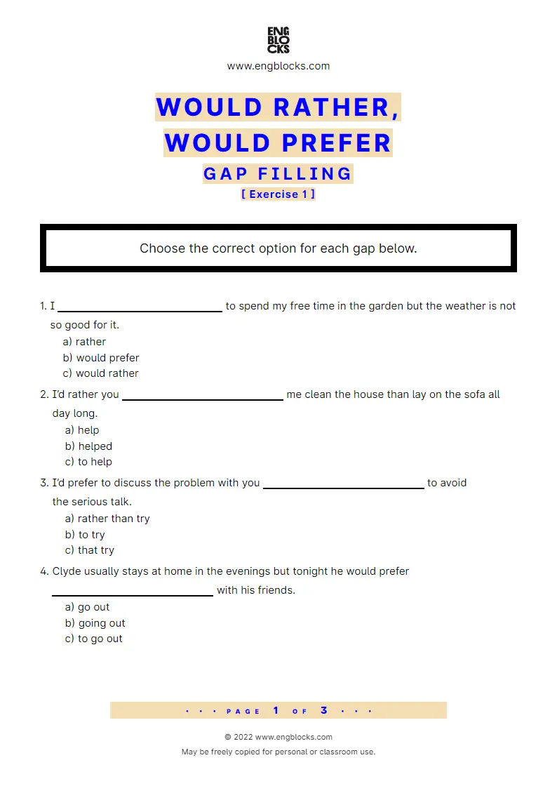 Grammar Worksheet: Would rather, would prefer — Gap-filling — Exercise 1