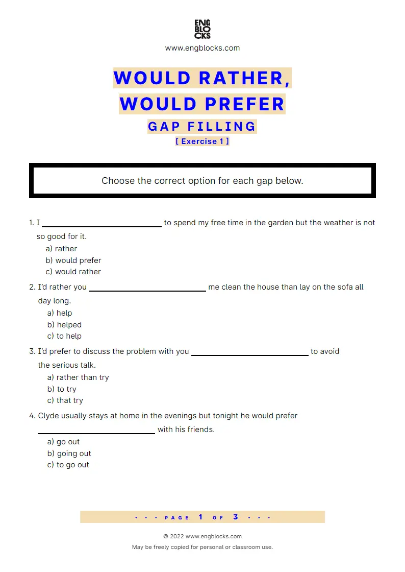 Grammar Worksheet: Would rather, would prefer — Gap-filling — Exercise 1